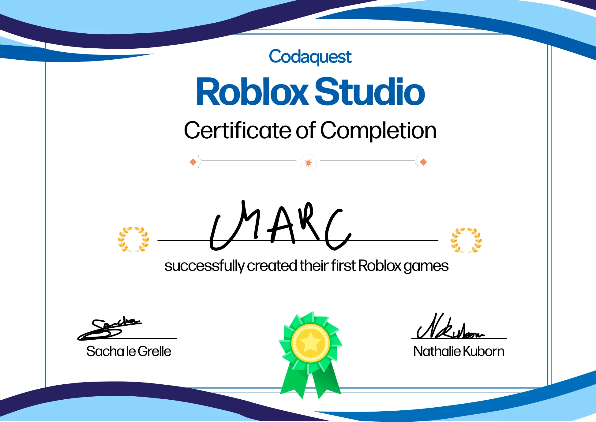 Preview of the Codaquest diploma handed out at the end of the bootcamp